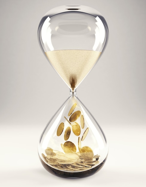 Hourglass with sand and gold money. time is money concept 3D Rendering