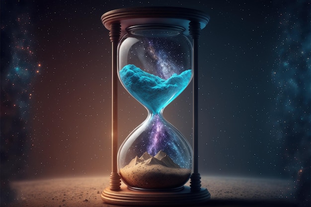 Hourglass with universe inside galaxy inside hourglass digital illustration AI