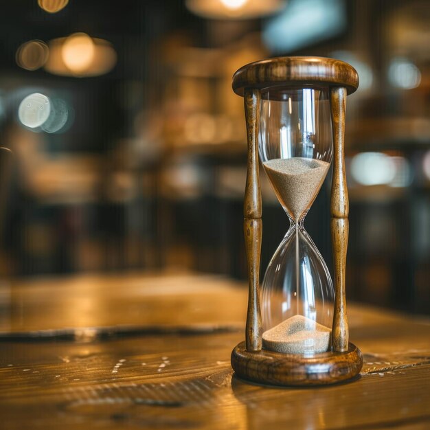 Hourglass on wooden table with blurred background