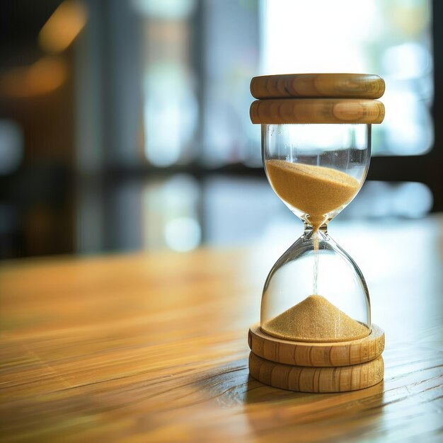 Hourglass on wooden table