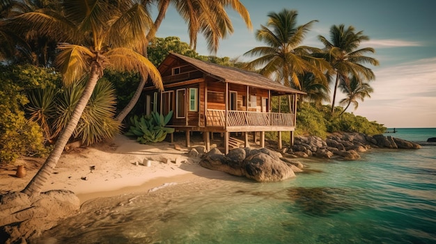 A house on a beach with palm trees in the background