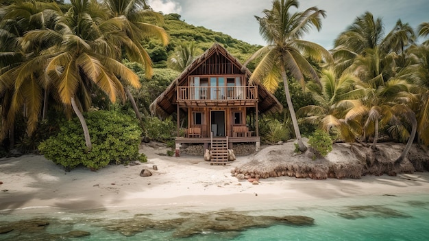 A house on a beach with palm trees in the background