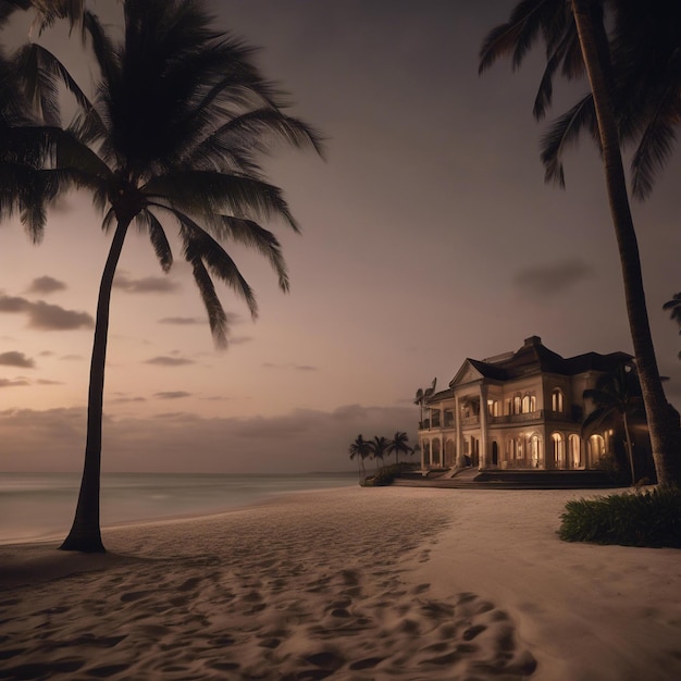 a house on a beach with palm trees in the background