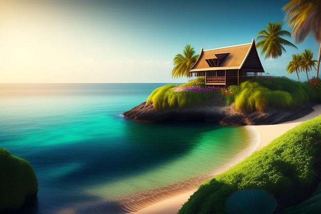 House on a beach with palm trees and the sun