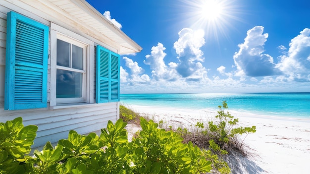 Photo a house on a beach with the sun shining through the window