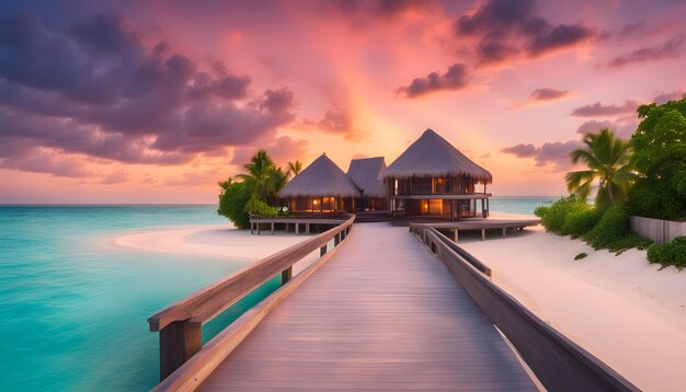 a house on a beach with a sunset in the background