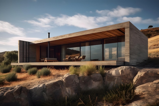 A house on a beach with a wooden deck and a sky background