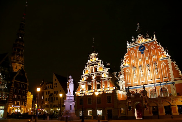 House of the Blackheads and St.Peter's Church at night. Riga, Latvia