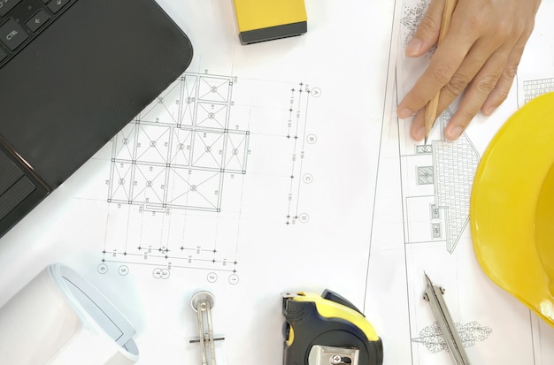 House blueprint of real estate project at architect engineer  workplace. building construction tool top view