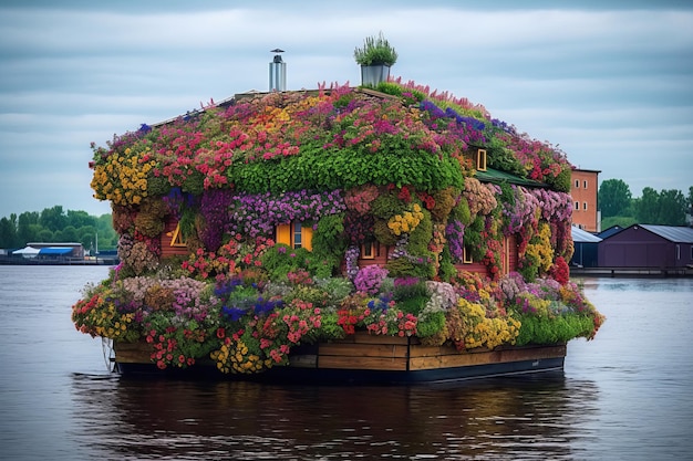 A house on a boat with flowers on it