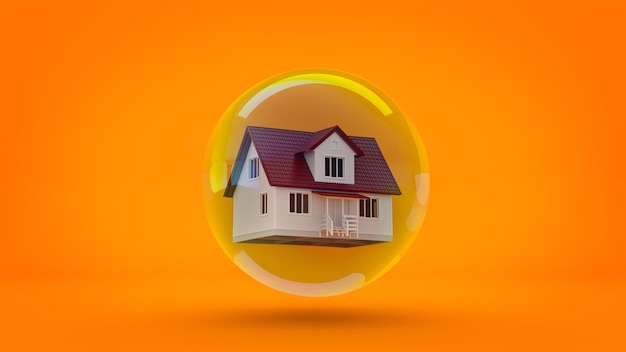 House in a bubble fly in the air 3d rendering