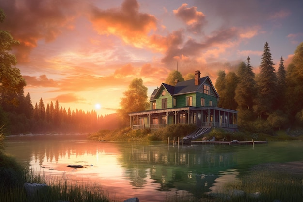 A house by the lake at sunset