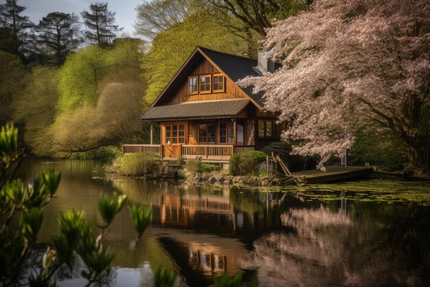 A house by the lake with cherry blossoms