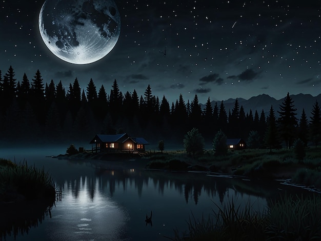 a house by the lake with a full moon in the background