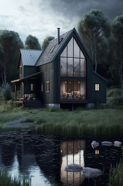 A house by the lake with a large window that says'the house is on the water '