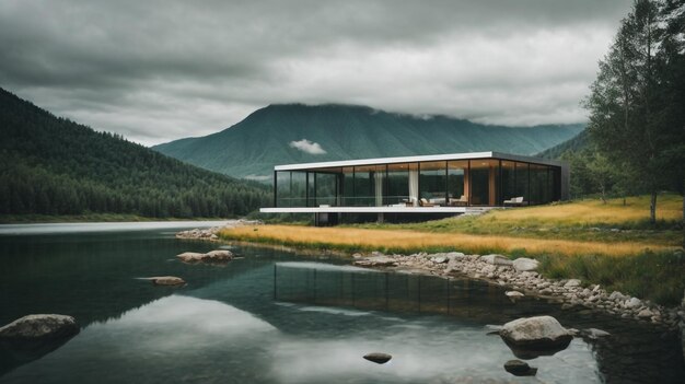 Photo a house by the lake with mountains in the background