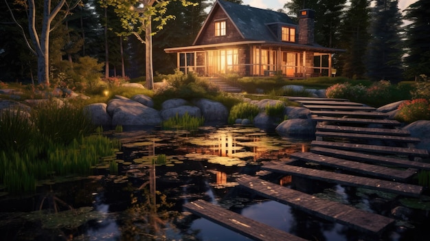 A house by the lake with a pond and a house in the background.