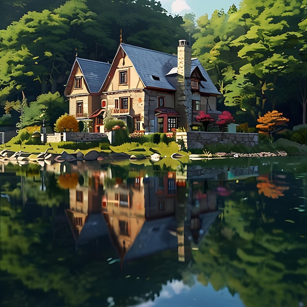 a house by the lake with a reflection of the house in the water