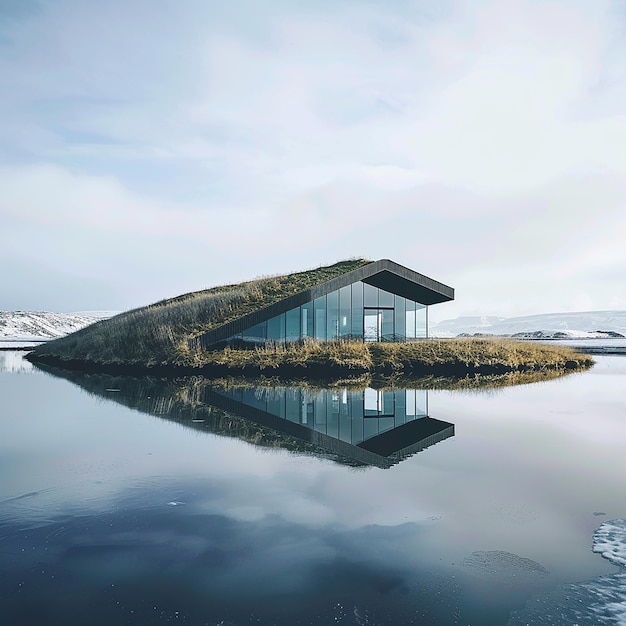 a house by the lake with a reflection of the sky in the water