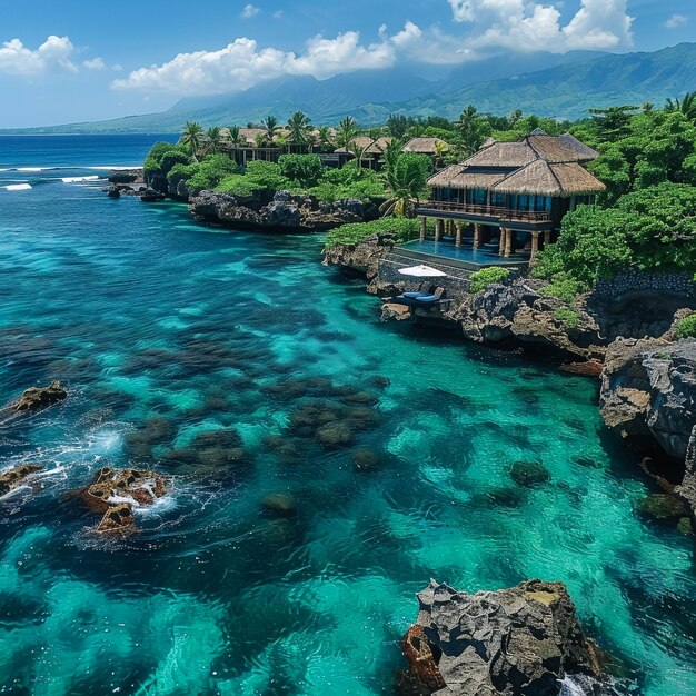 a house by the sea with a blue ocean in the background