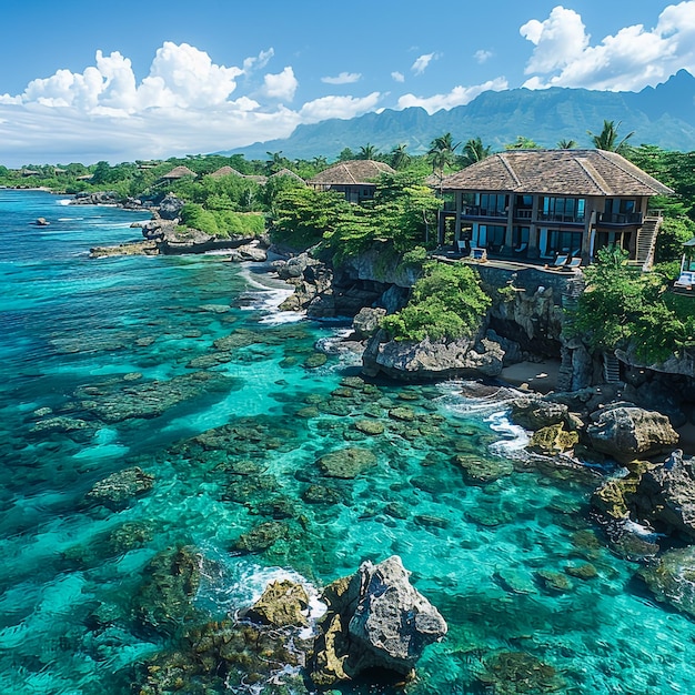 a house by the sea with a view of the ocean and mountains in the background