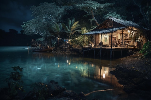 A house by the water at night