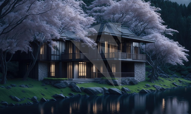 A house by the water at night