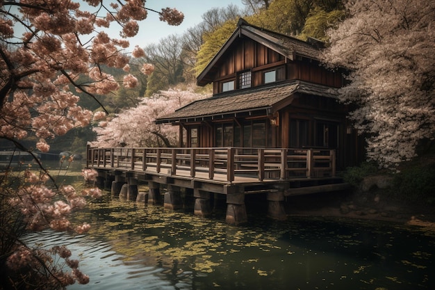 A house by the water with cherry blossoms in the background