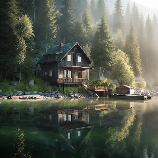 A house by the water with a dock in the foreground