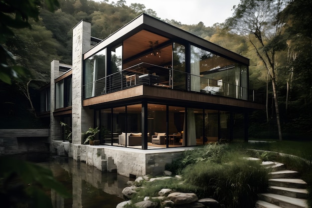 A house by the water with a large window that says " the word " on it. "