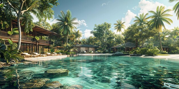 Photo a house by the water with palm trees and a house in the background