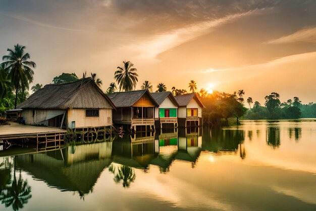 a house by the water with the sun setting behind it