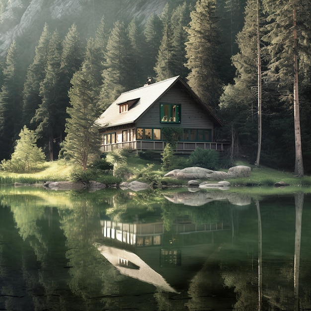 A house by the water with the sun shining on the windows