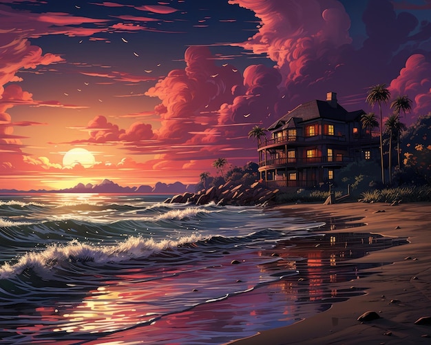 A house can be seen on a sandy beach with waves a sunset and clouds Generative AI