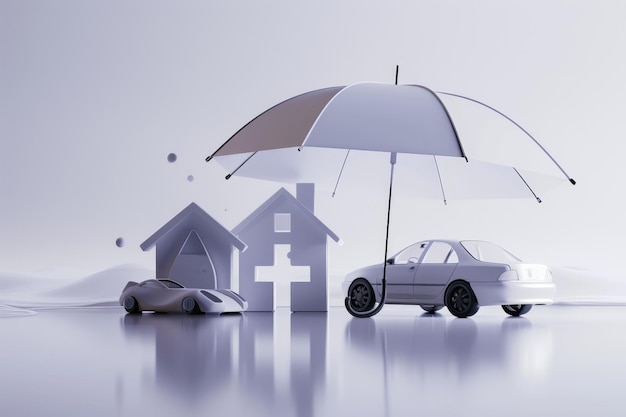 House and car models under an umbrella on a reflective surface insurance protection safety coverage