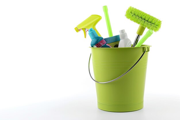 Photo house chores bucket with cleaning supplies isolated