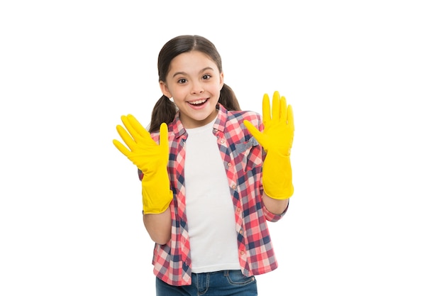 House cleaning service. wiping gloves for cleaning. small girl in cleaning gloves. quality service call. independent girl housekeeping isolated on white. harmless cleaning products.