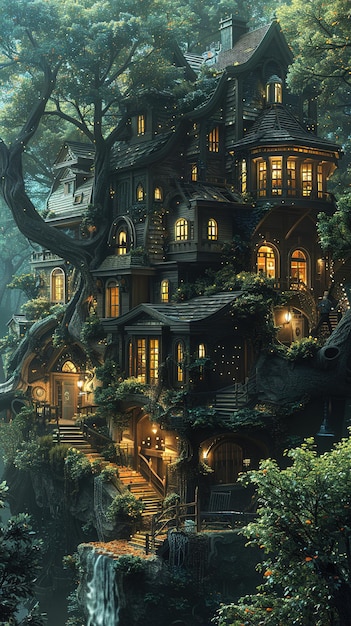 a house on a cliff with a tree in the corner