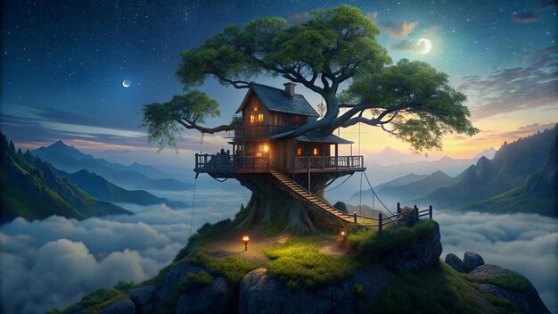 a house on a cliff with a tree on the top