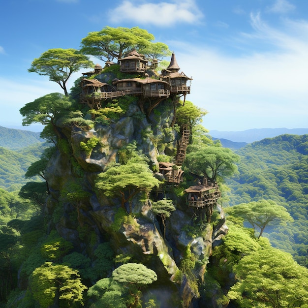 a house on a cliff with trees on the top.