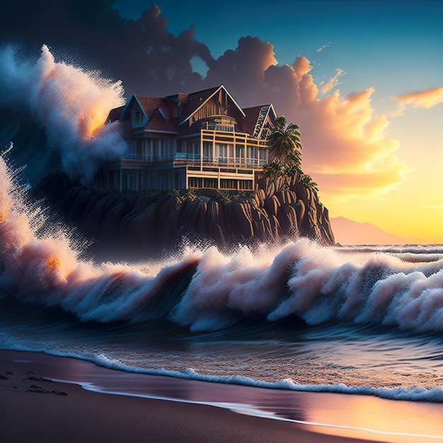 A house on a cliff with waves crashing on it