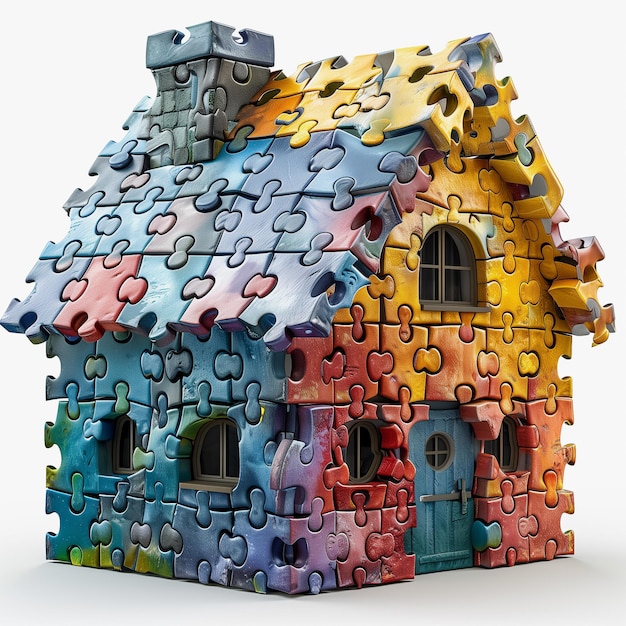 Photo a house constructed from multicolored puzzle pieces