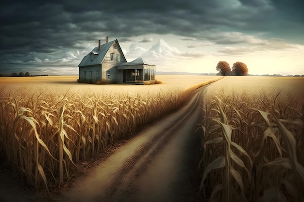 A house in a corn field with mountains in the background