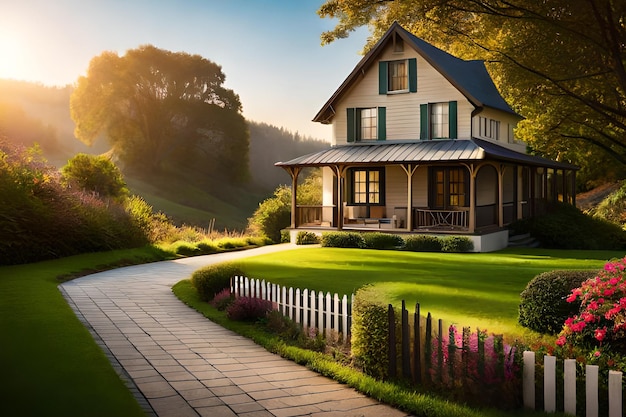 A house in the country with a fenced yard and a garden in the background.