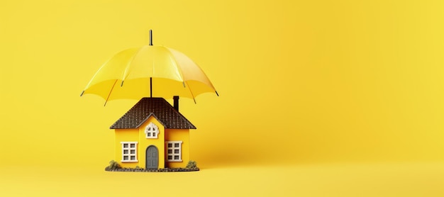 House covered by umbrella on yellow background with copy space home insurance concept AI