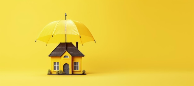 House covered by umbrella on yellow background with copy space home insurance concept AI