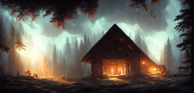 House in a dark gloomy forest a hermit village in a wooded area light in the windows of houses 3d illustration