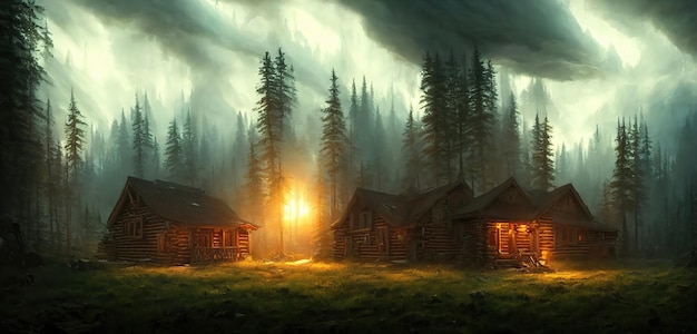 House in a dark gloomy forest a hermit village in a wooded area light in the windows of houses 3d illustration