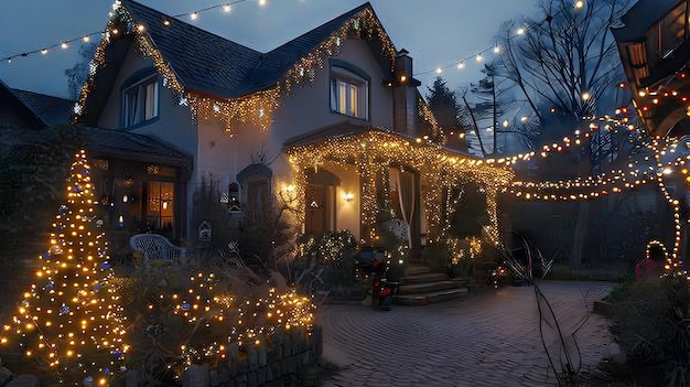 a house decorated for christmas with christmas lights and a snow covered driveway