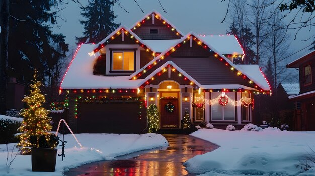 a house decorated for christmas with christmas lights and a snow covered driveway